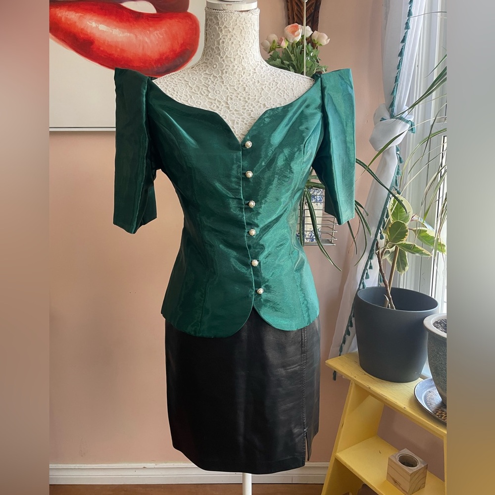 Vintage Emerald Green Off-Shoulder Blouse
